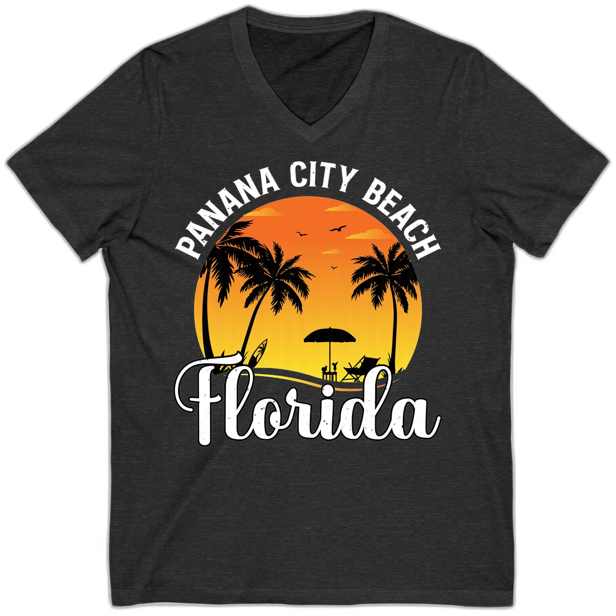 Panama City Beach Tiki Sunset V-Neck in Dark Grey Heather