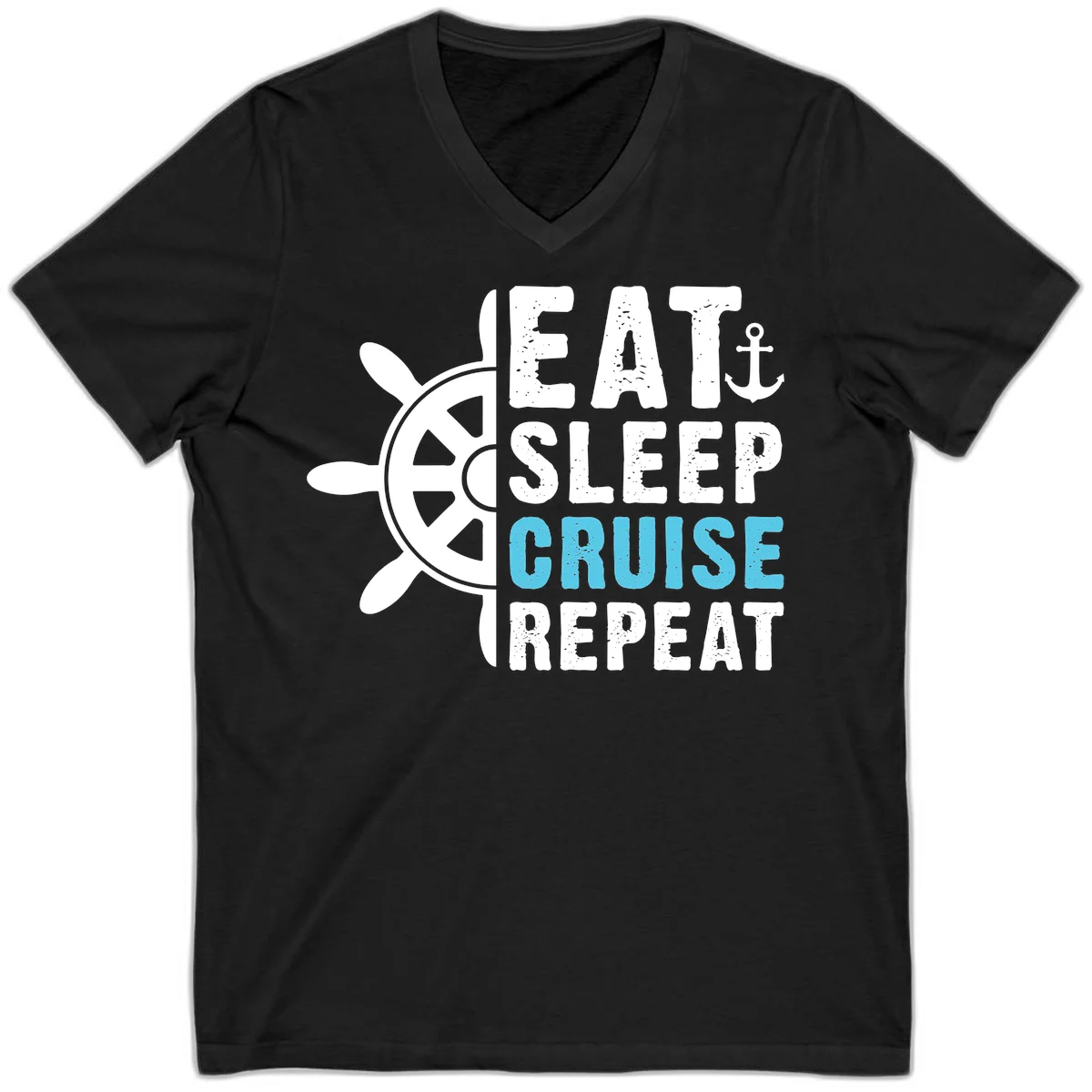 Eat Sleep Cruise Repeat V-Neck Tee in Black