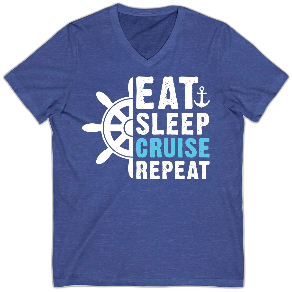 Eat Sleep Cruise Repeat V-Neck Tee in Heather True Royal