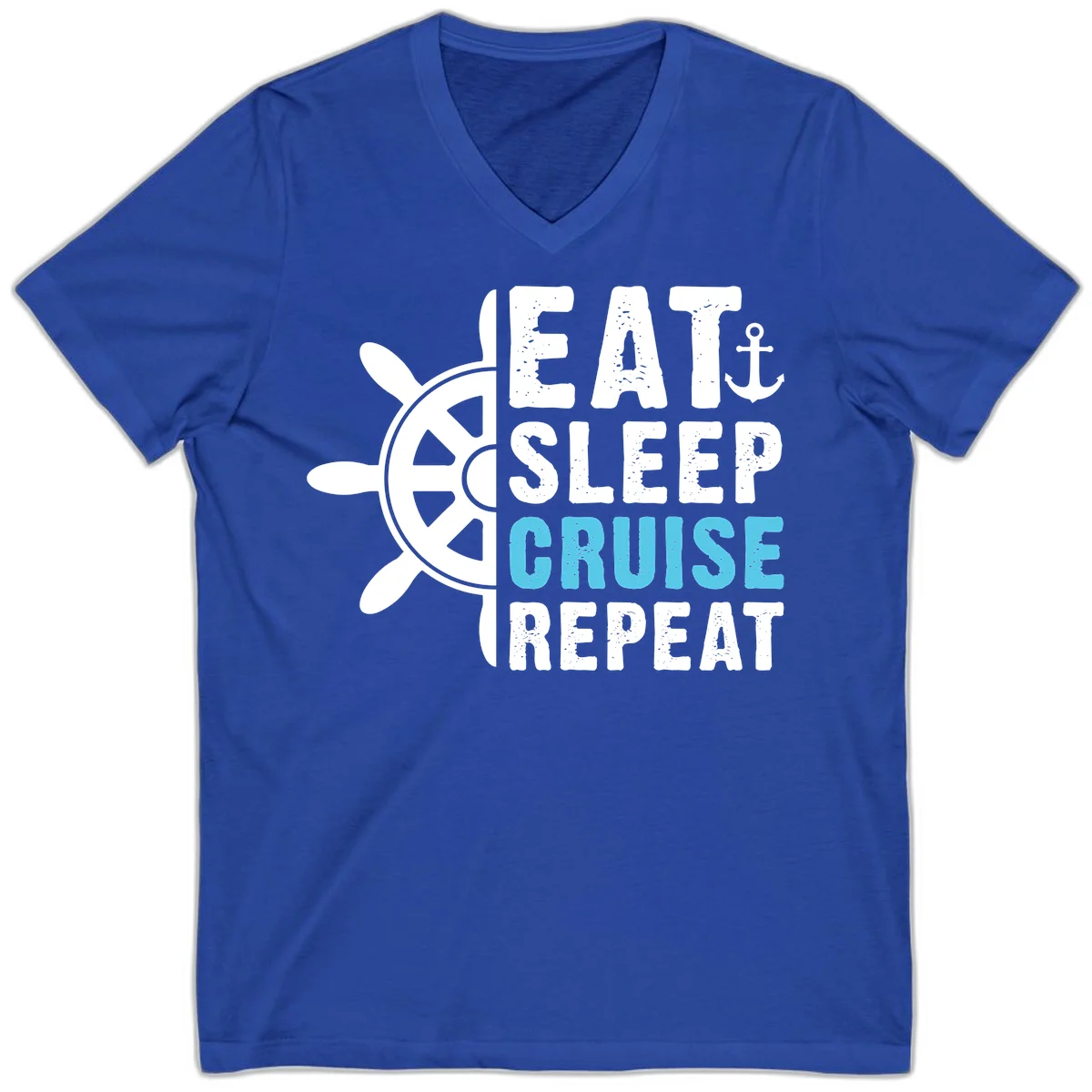 Eat Sleep Cruise Repeat V-Neck Tee in True Royal