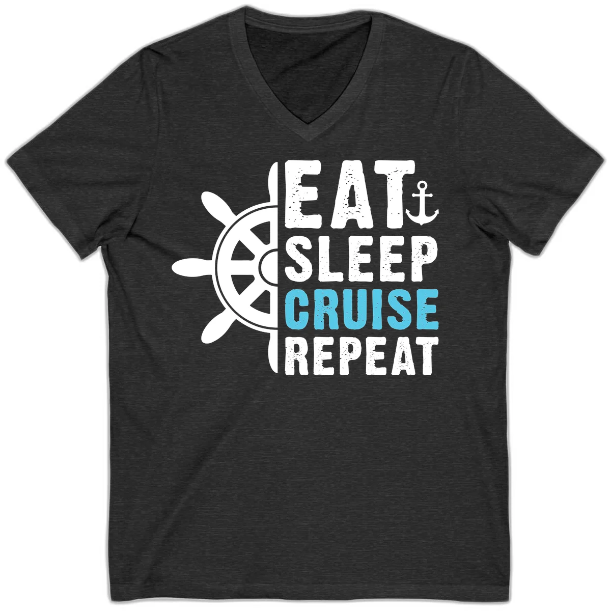 Eat Sleep Cruise Repeat V-Neck Tee in Dark Grey Heather