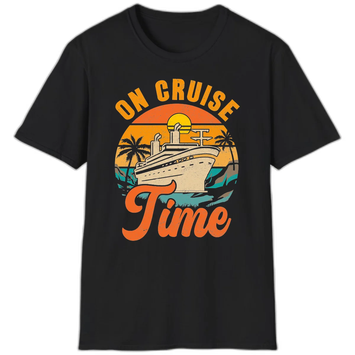On Cruise Time Retro Sunset Cruise Ship T-Shirt in Black