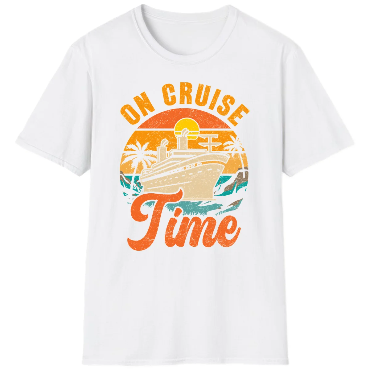 On Cruise Time Retro Sunset Cruise Ship T-Shirt in White