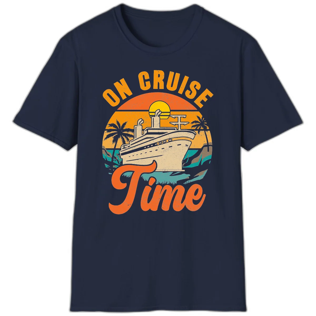 On Cruise Time Retro Sunset Cruise Ship T-Shirt in Navy