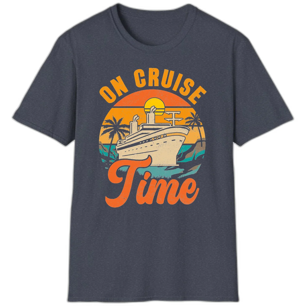 On Cruise Time Retro Sunset Cruise Ship T-Shirt in Heather Navy
