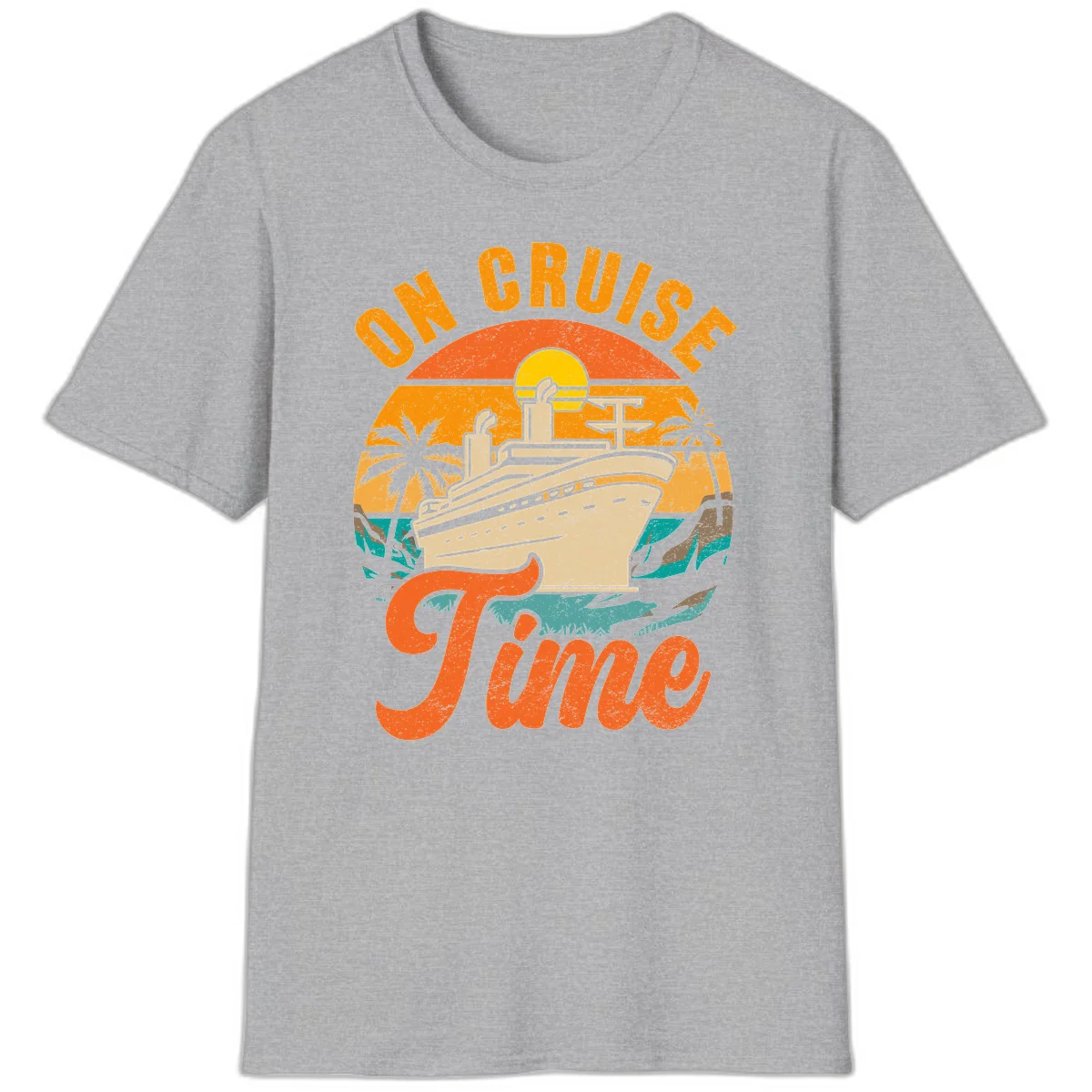 On Cruise Time Retro Sunset Cruise Ship T-Shirt in Sport Grey