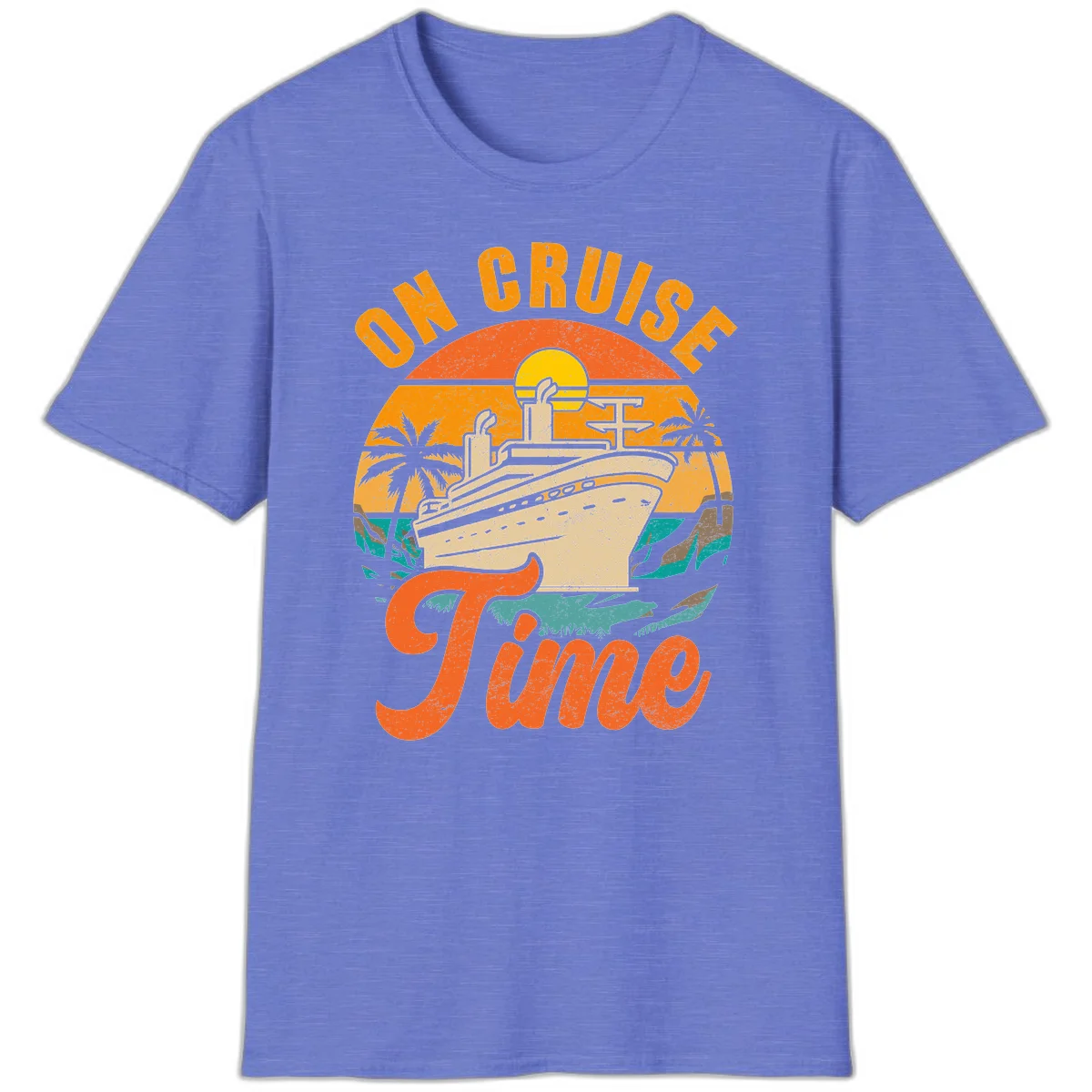 On Cruise Time Retro Sunset Cruise Ship T-Shirt in Heather Royal