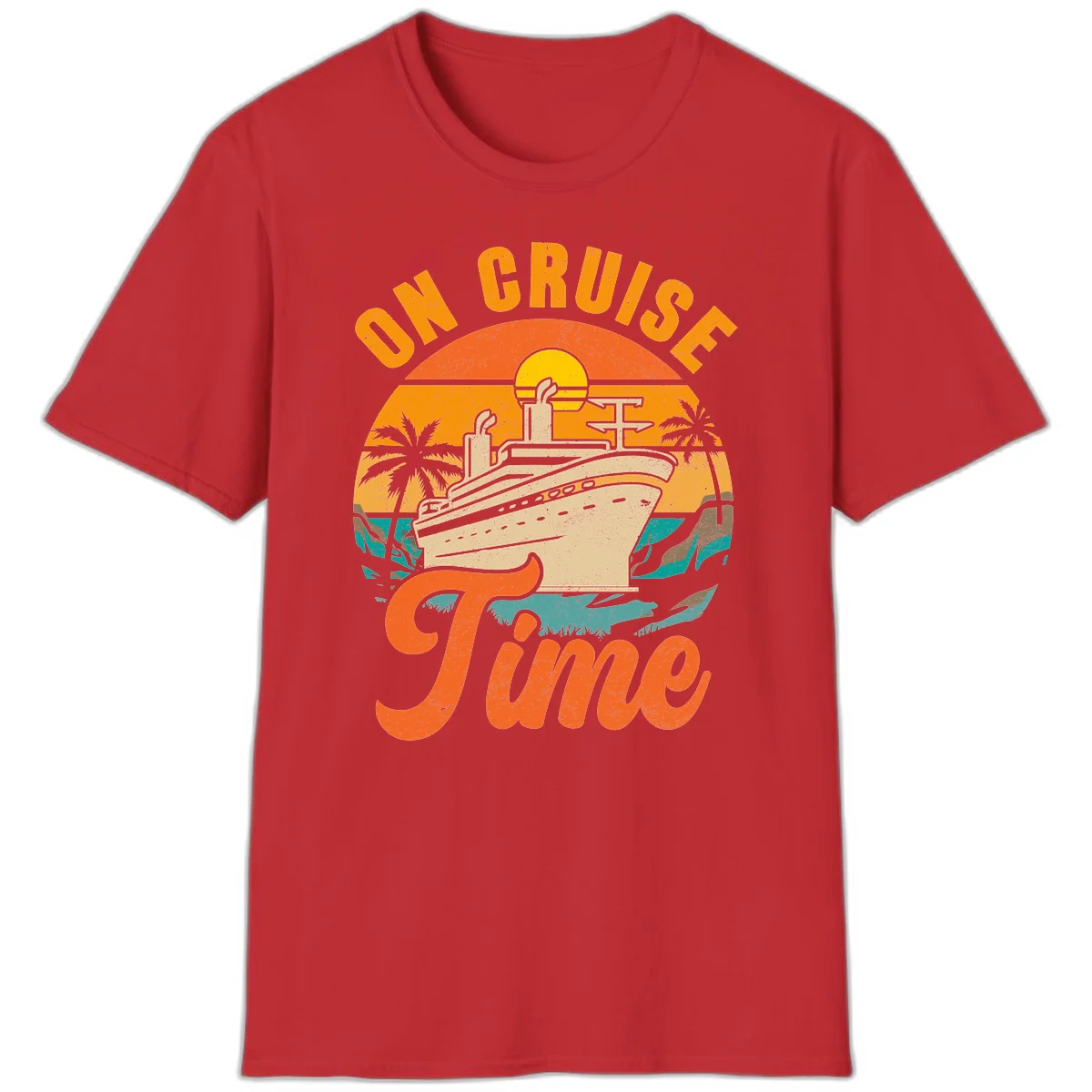 On Cruise Time Retro Sunset Cruise Ship T-Shirt in Red