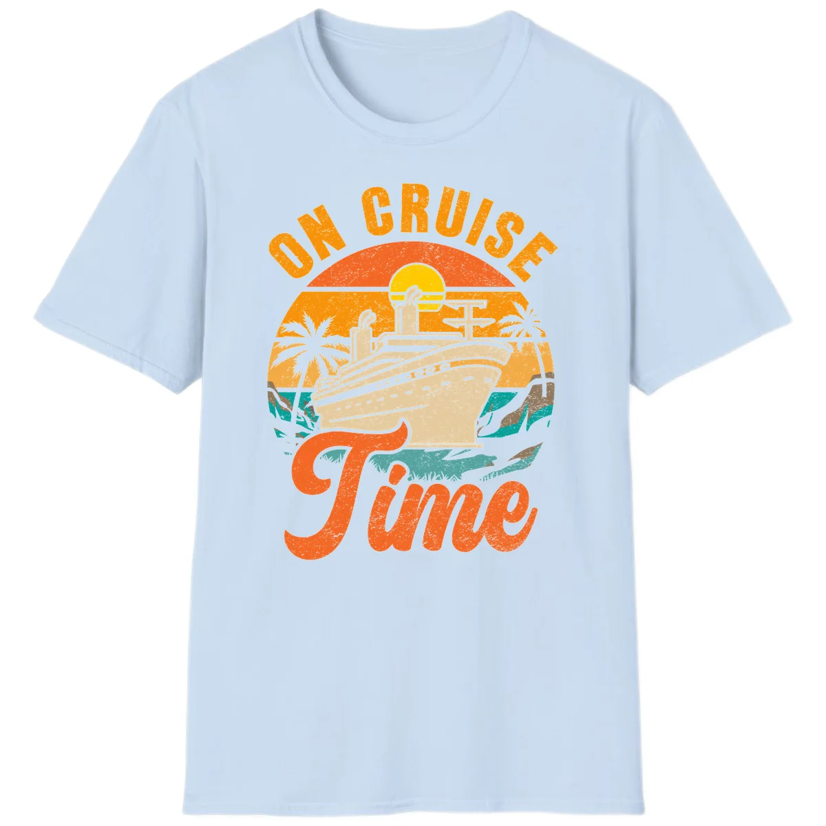 On Cruise Time Retro Sunset Cruise Ship T-Shirt in Light Blue