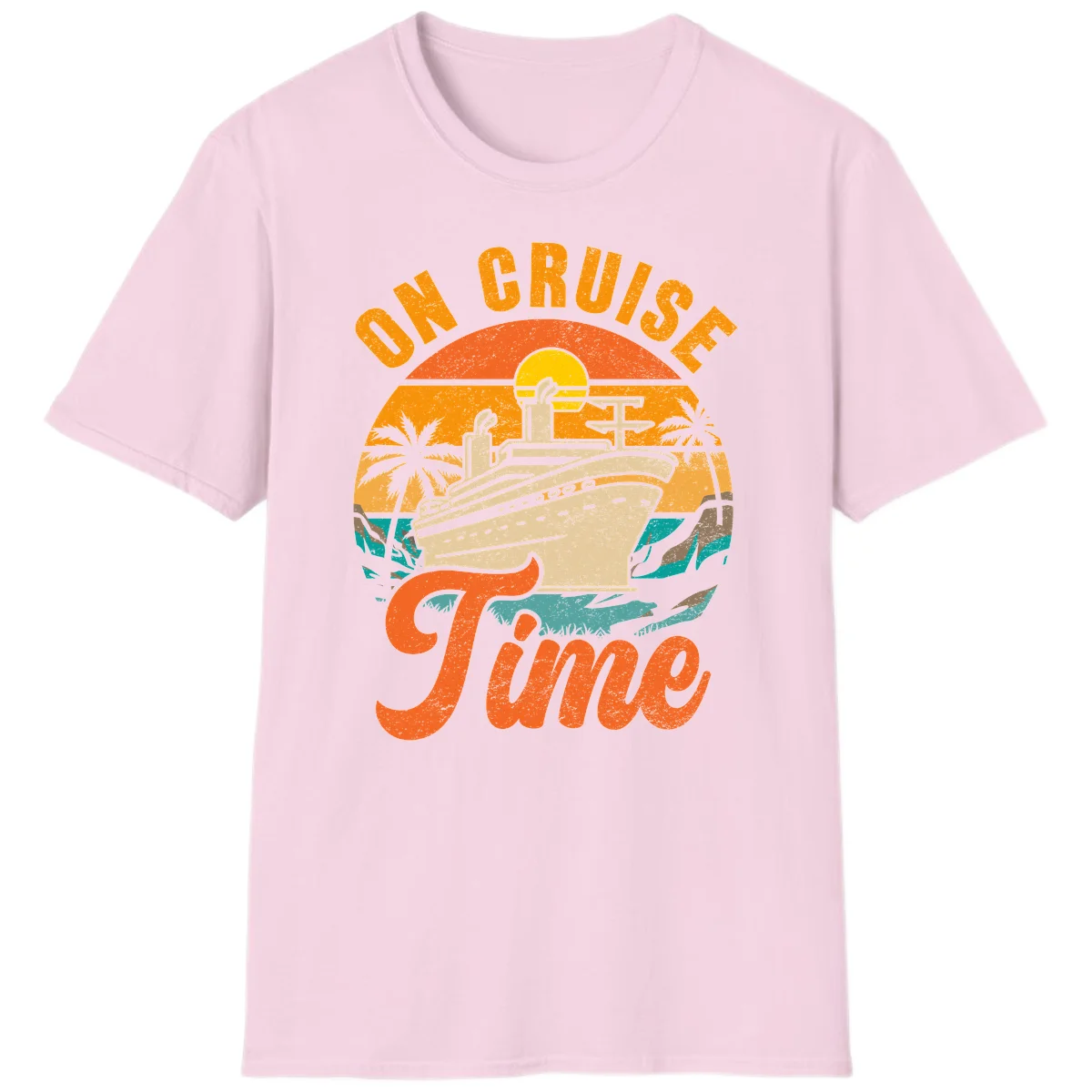 On Cruise Time Retro Sunset Cruise Ship T-Shirt in Light Pink