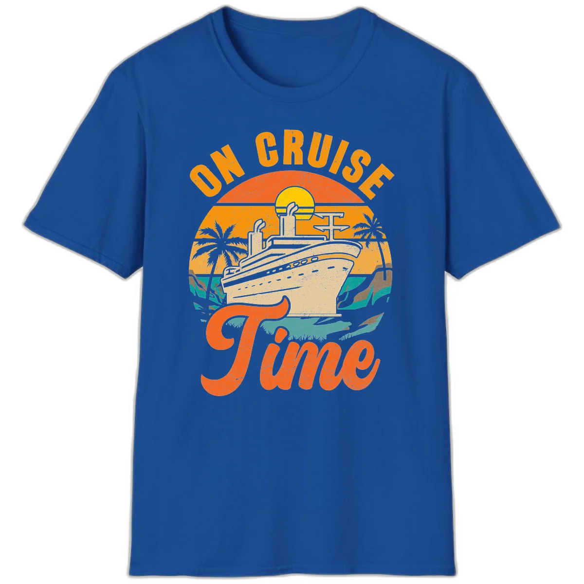 On Cruise Time Retro Sunset Cruise Ship T-Shirt in Royal