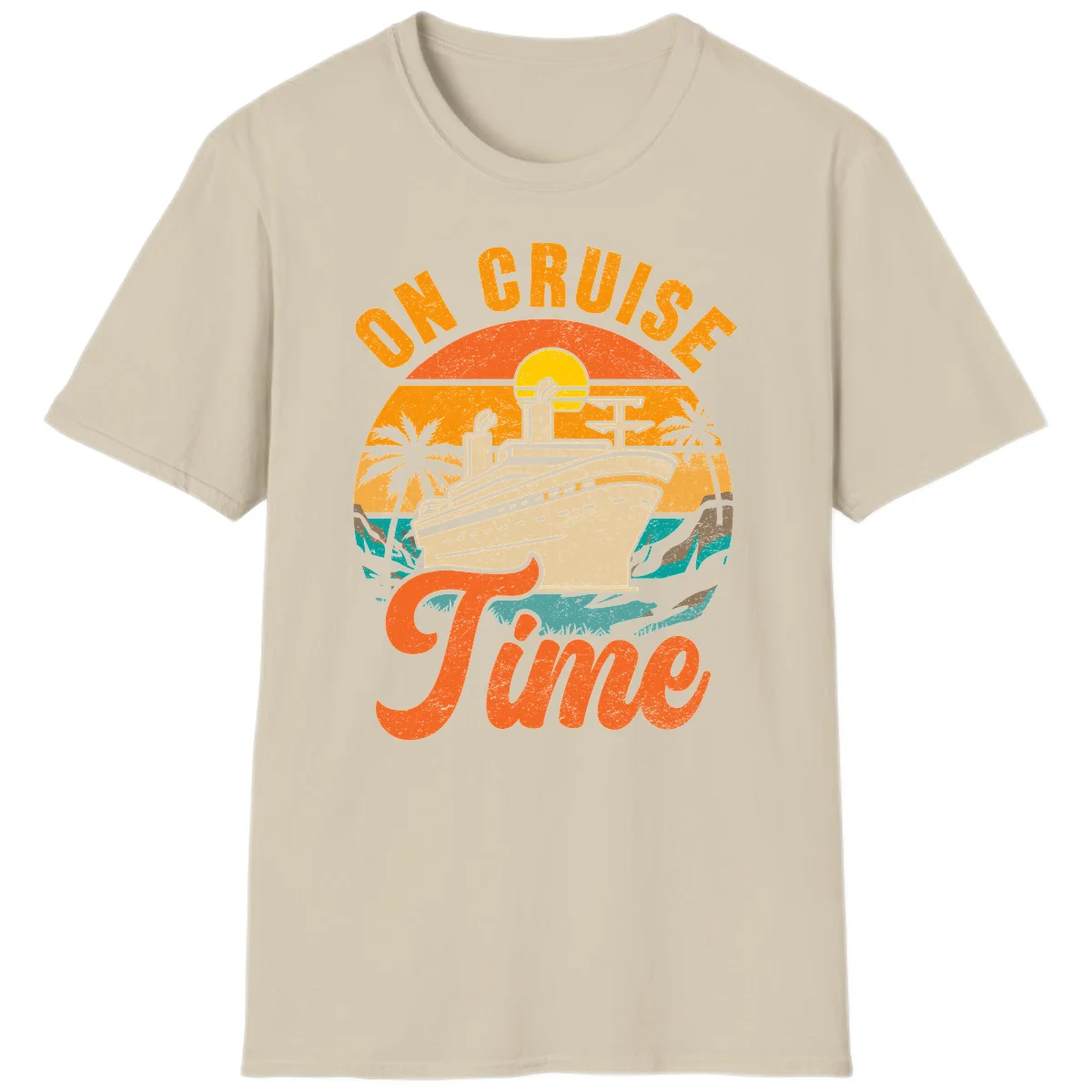 On Cruise Time Retro Sunset Cruise Ship T-Shirt in Sand