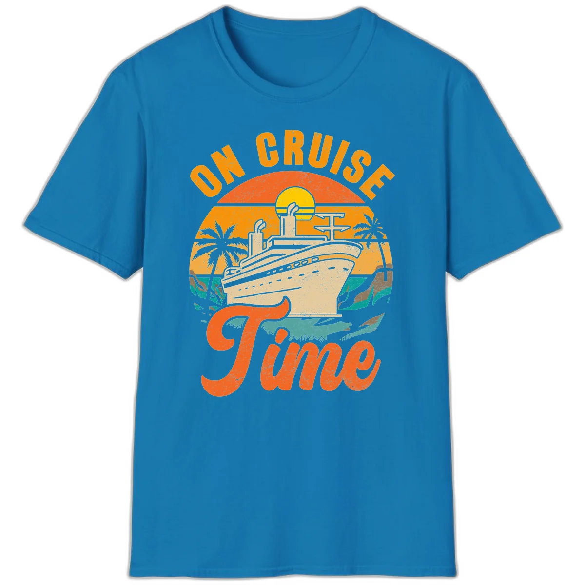 On Cruise Time Retro Sunset Cruise Ship T-Shirt in Sapphire
