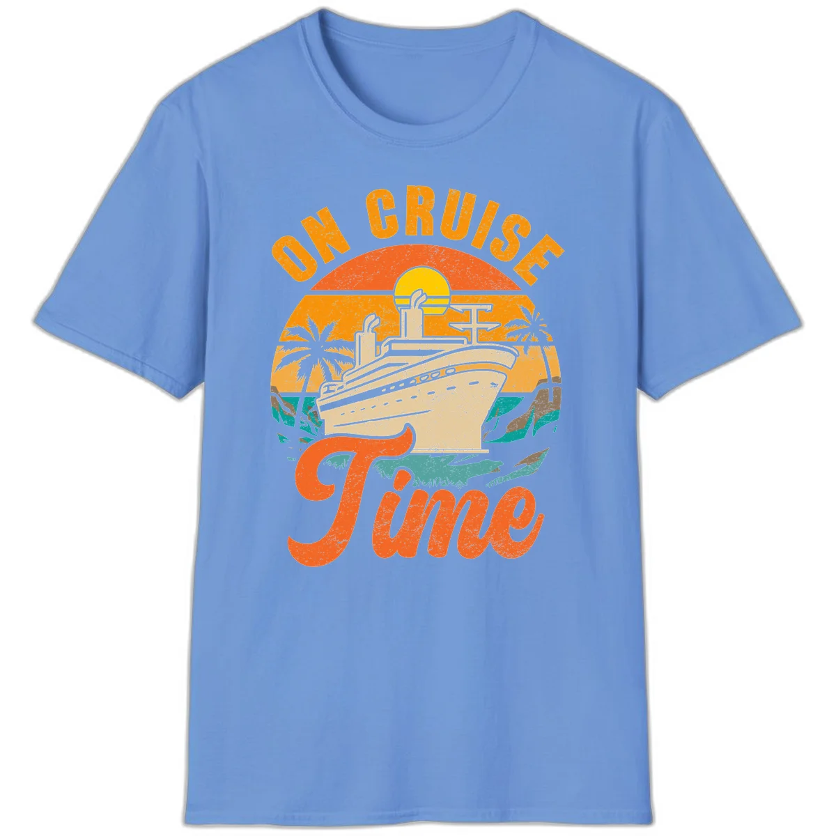On Cruise Time Retro Sunset Cruise Ship T-Shirt in Carolina Blue