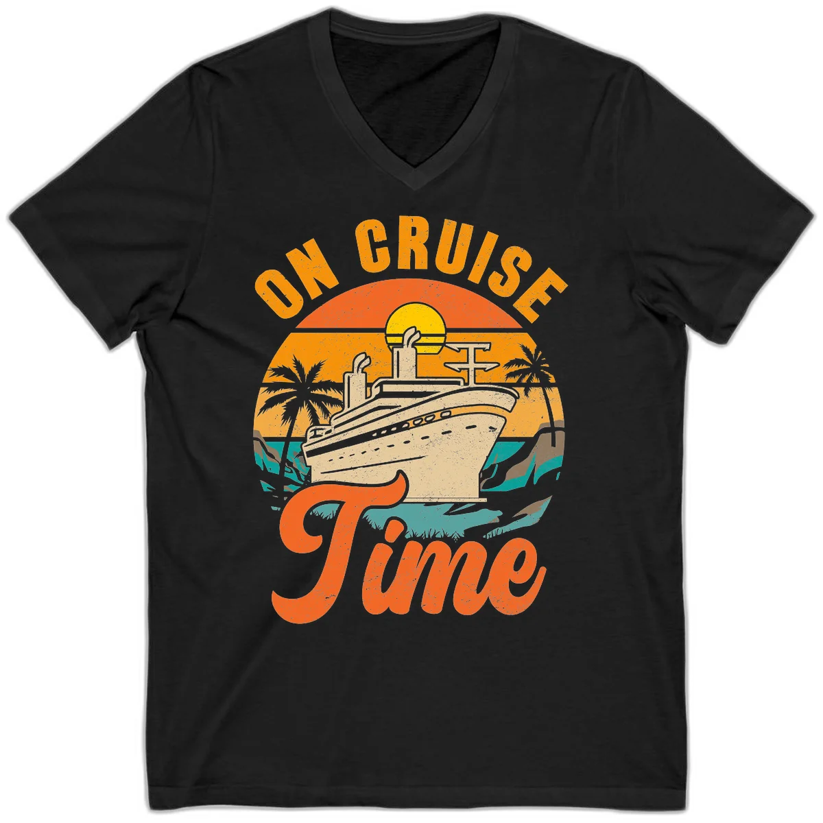 On Cruise Time V-Neck Retro Cruise Ship Tee in Black