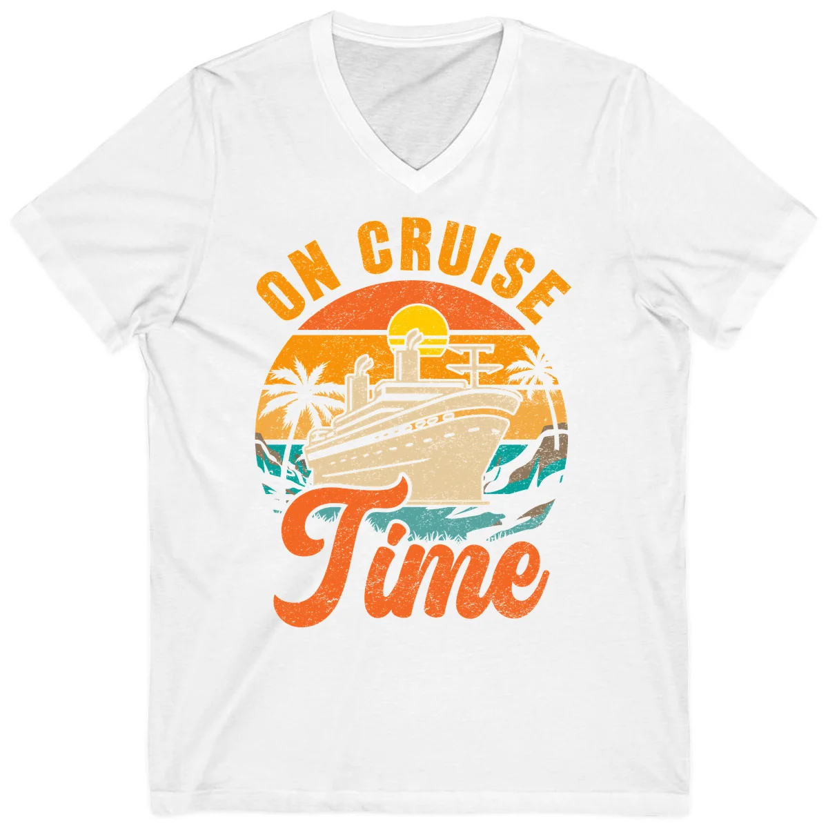On Cruise Time V-Neck Retro Cruise Ship Tee in White