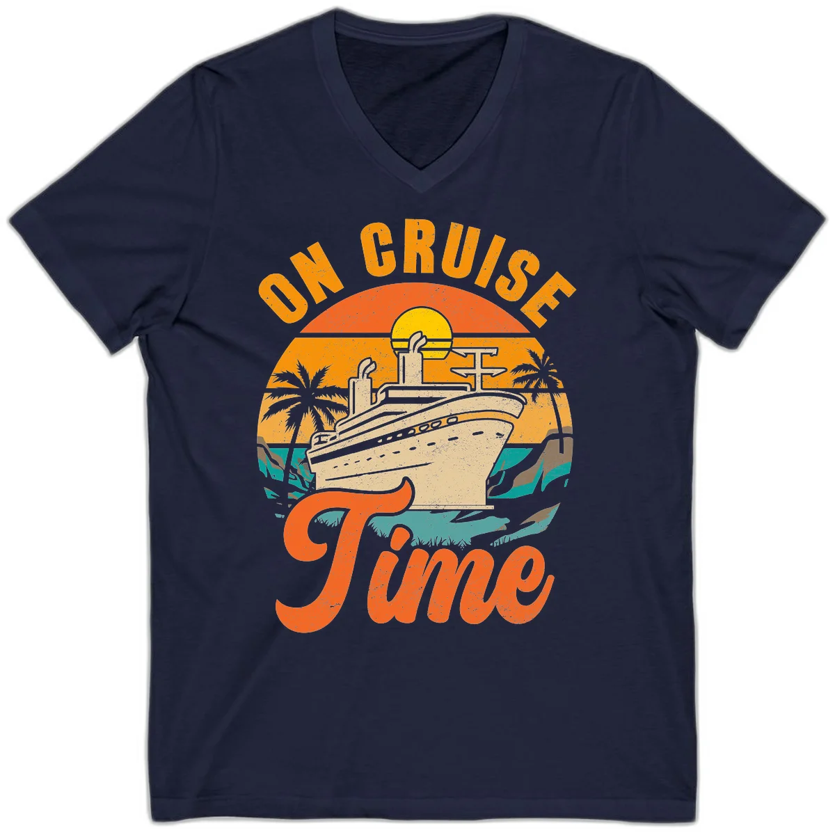 On Cruise Time V-Neck Retro Cruise Ship Tee in Navy