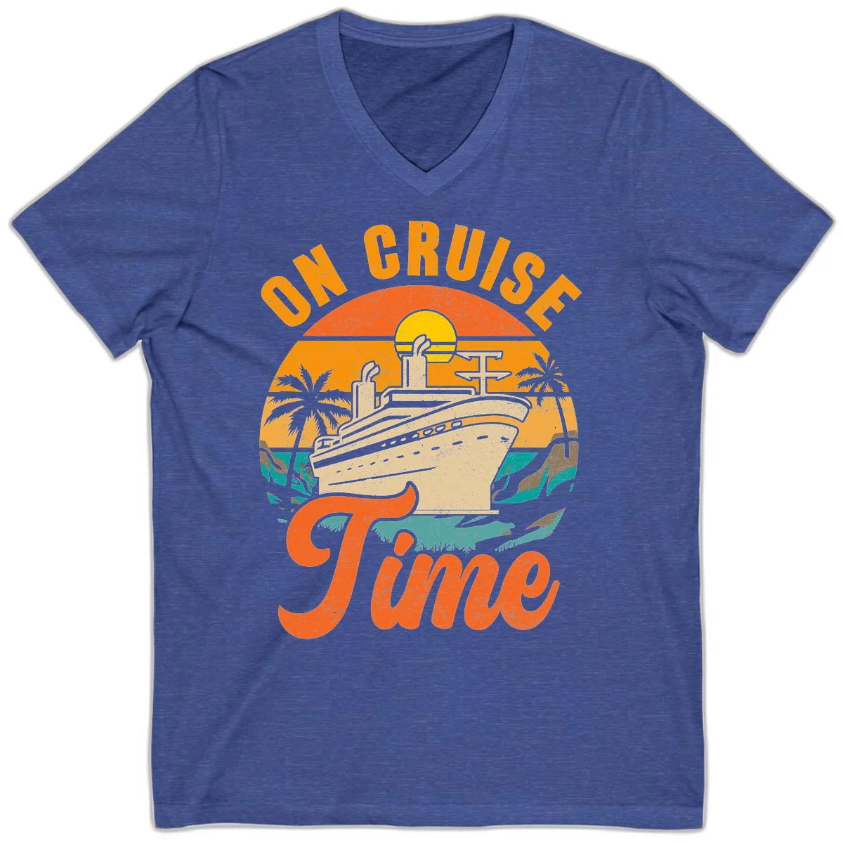 On Cruise Time V-Neck Retro Cruise Ship Tee in Heather True Royal