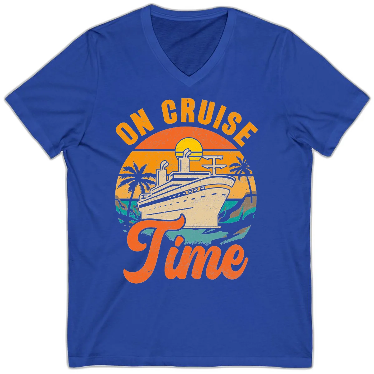 On Cruise Time V-Neck Retro Cruise Ship Tee in True Royal