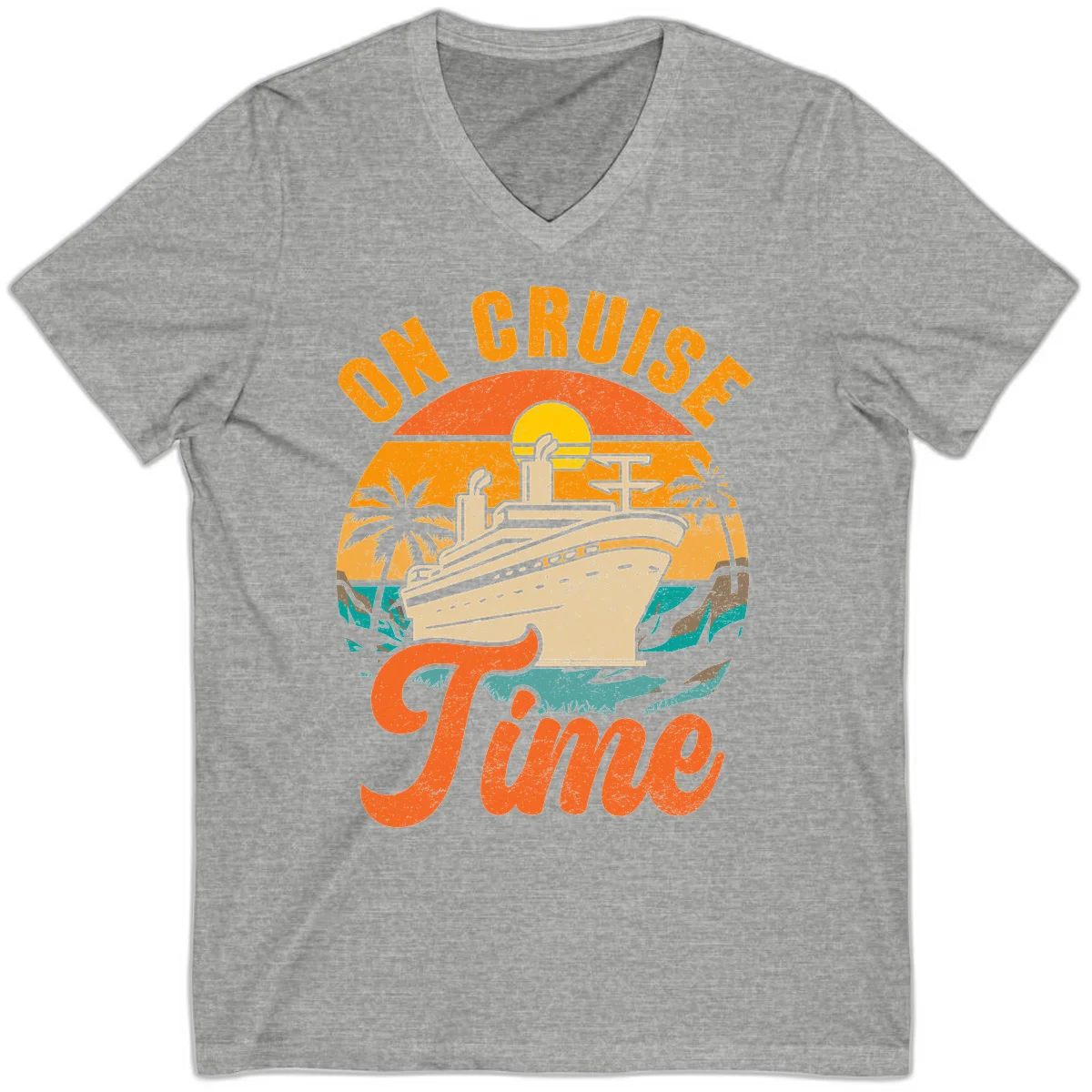On Cruise Time V-Neck Retro Cruise Ship Tee in Athletic Heather