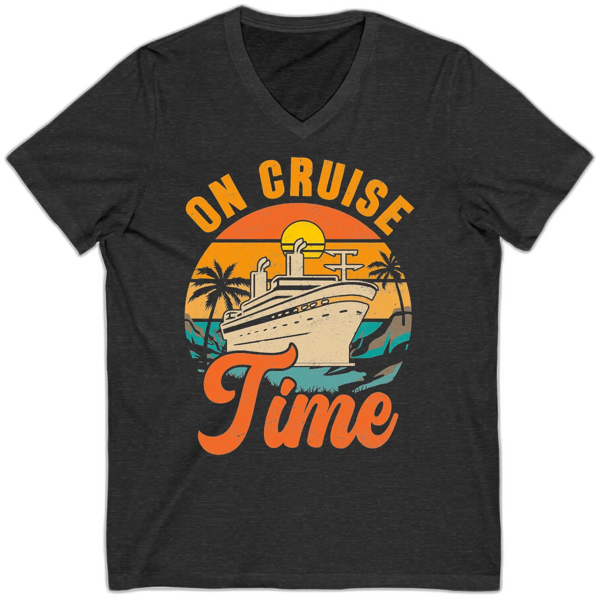 On Cruise Time V-Neck Retro Cruise Ship Tee in Dark Grey Heather