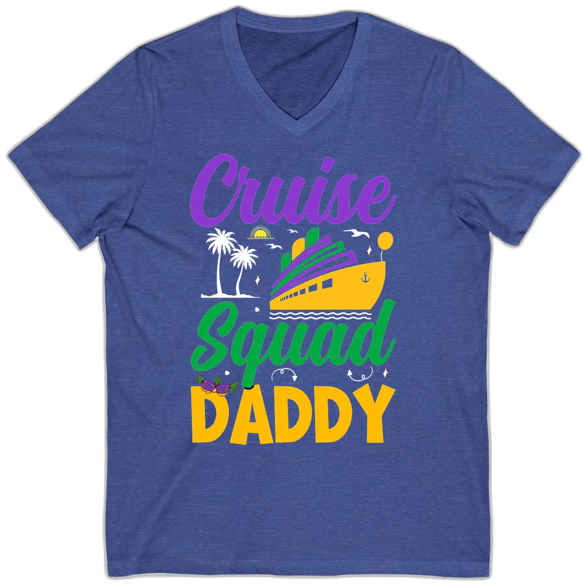Cruise Squad Daddy Tropical Vacation V-Neck Tee in Heather True Royal