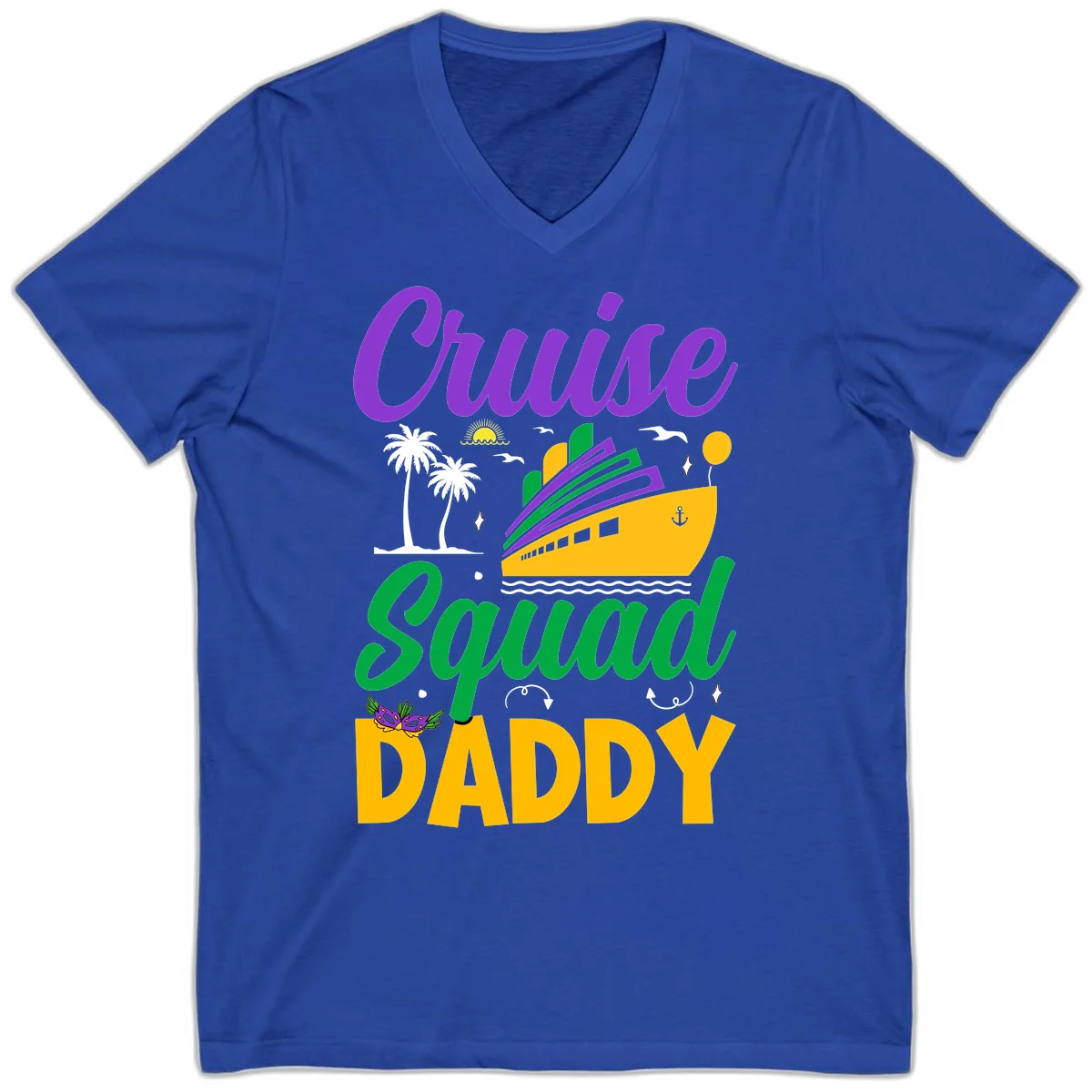 Cruise Squad Daddy Tropical Vacation V-Neck Tee in True Royal