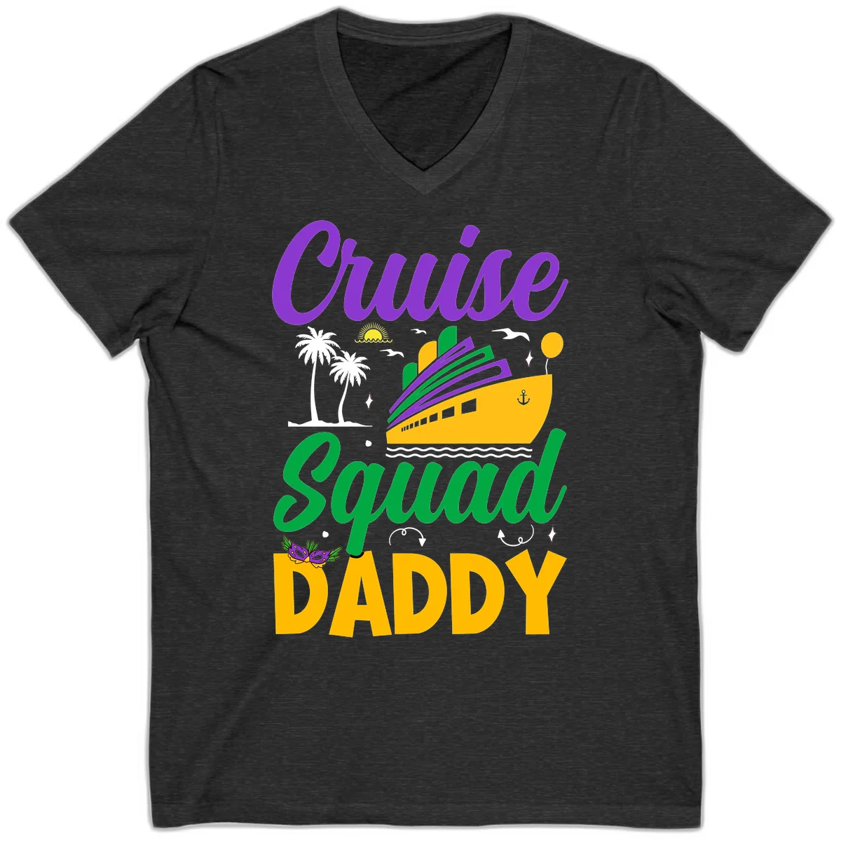 Cruise Squad Daddy Tropical Vacation V-Neck Tee in Dark Grey Heather