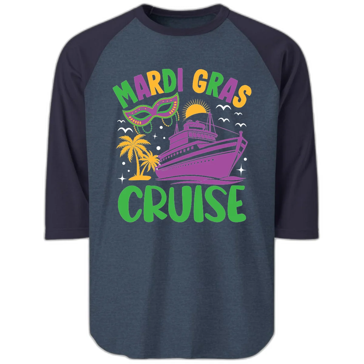 Mardi Gras Cruise Raglan 3/4 in Heather Denim Navy