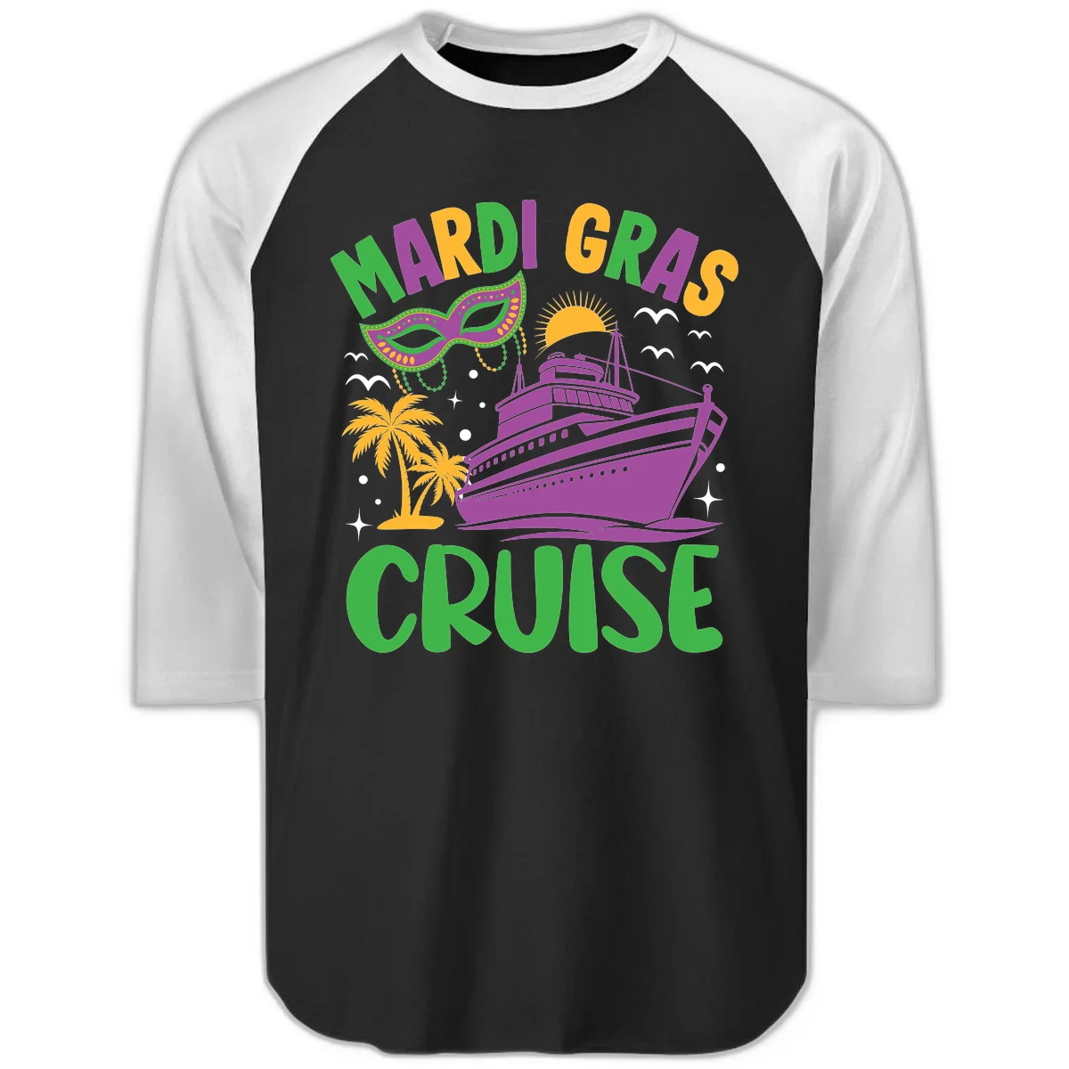 Mardi Gras Cruise Raglan 3/4 in Black White