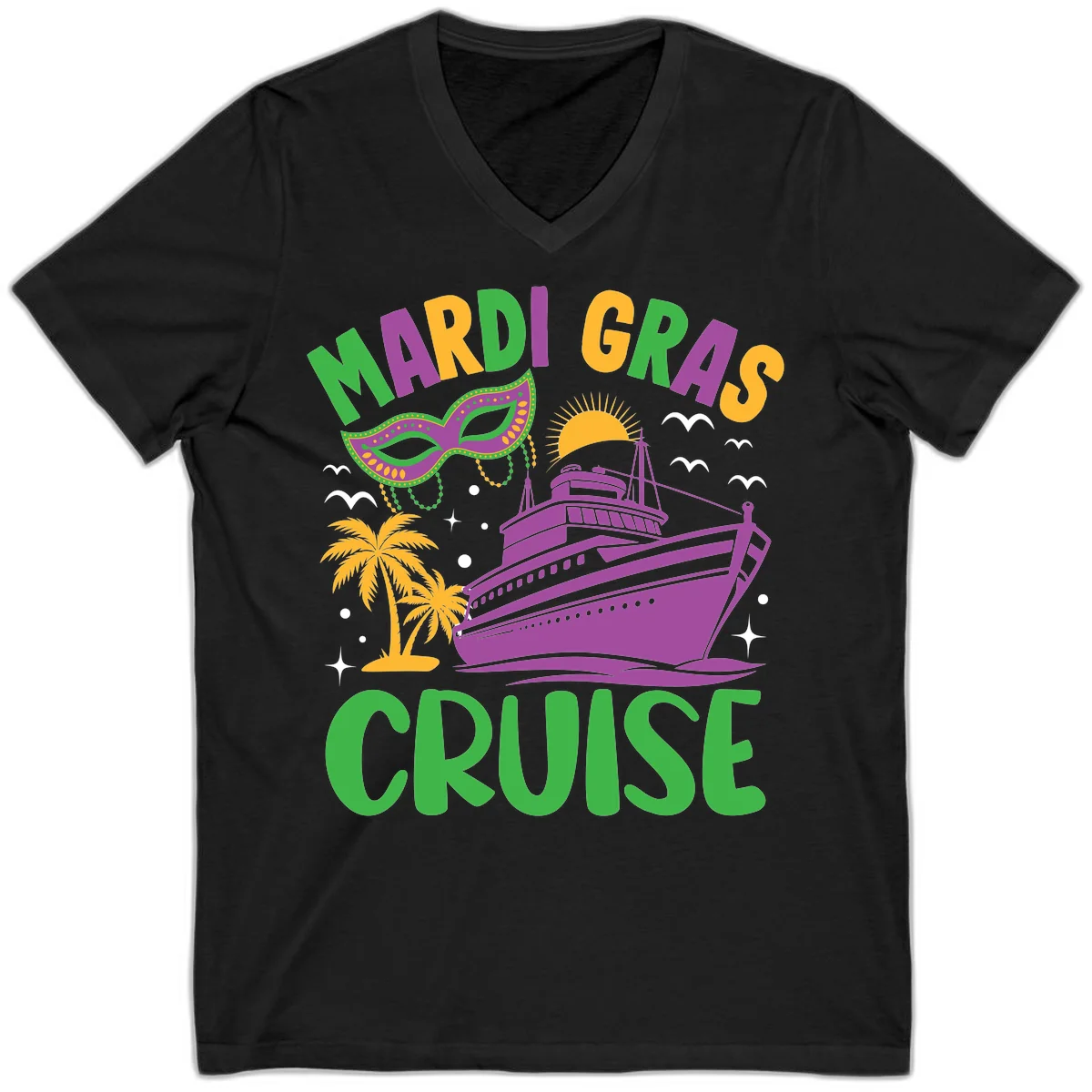 Mardi Gras Cruise V-Neck in Black
