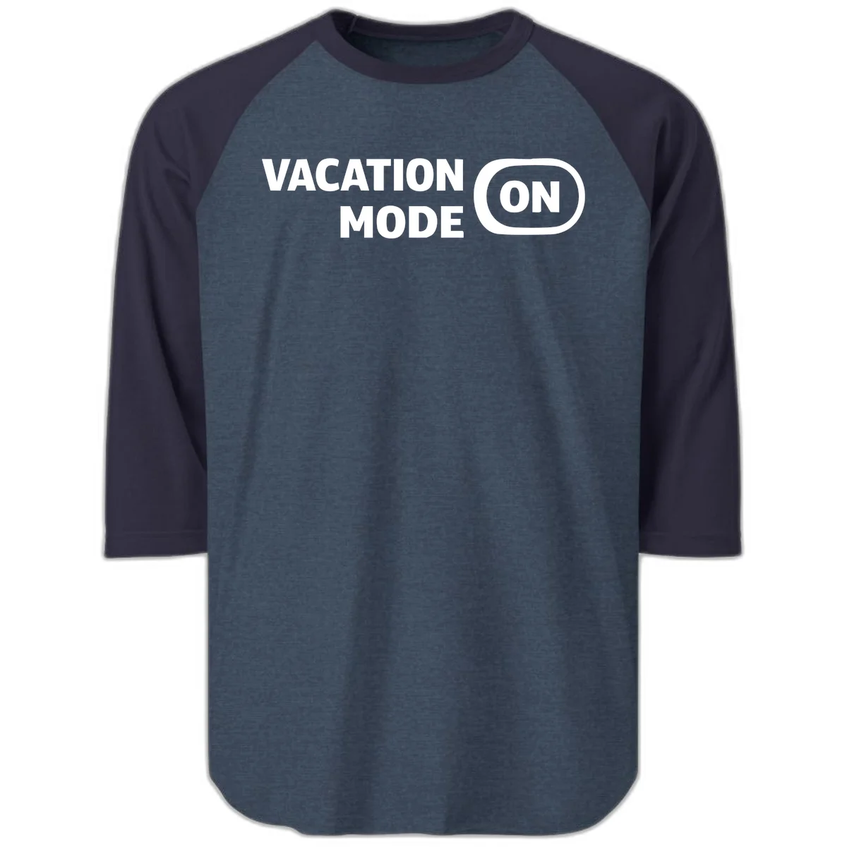 Vacation Mode On Raglan 3/4 Sleeve Tee in Heather Denim Navy