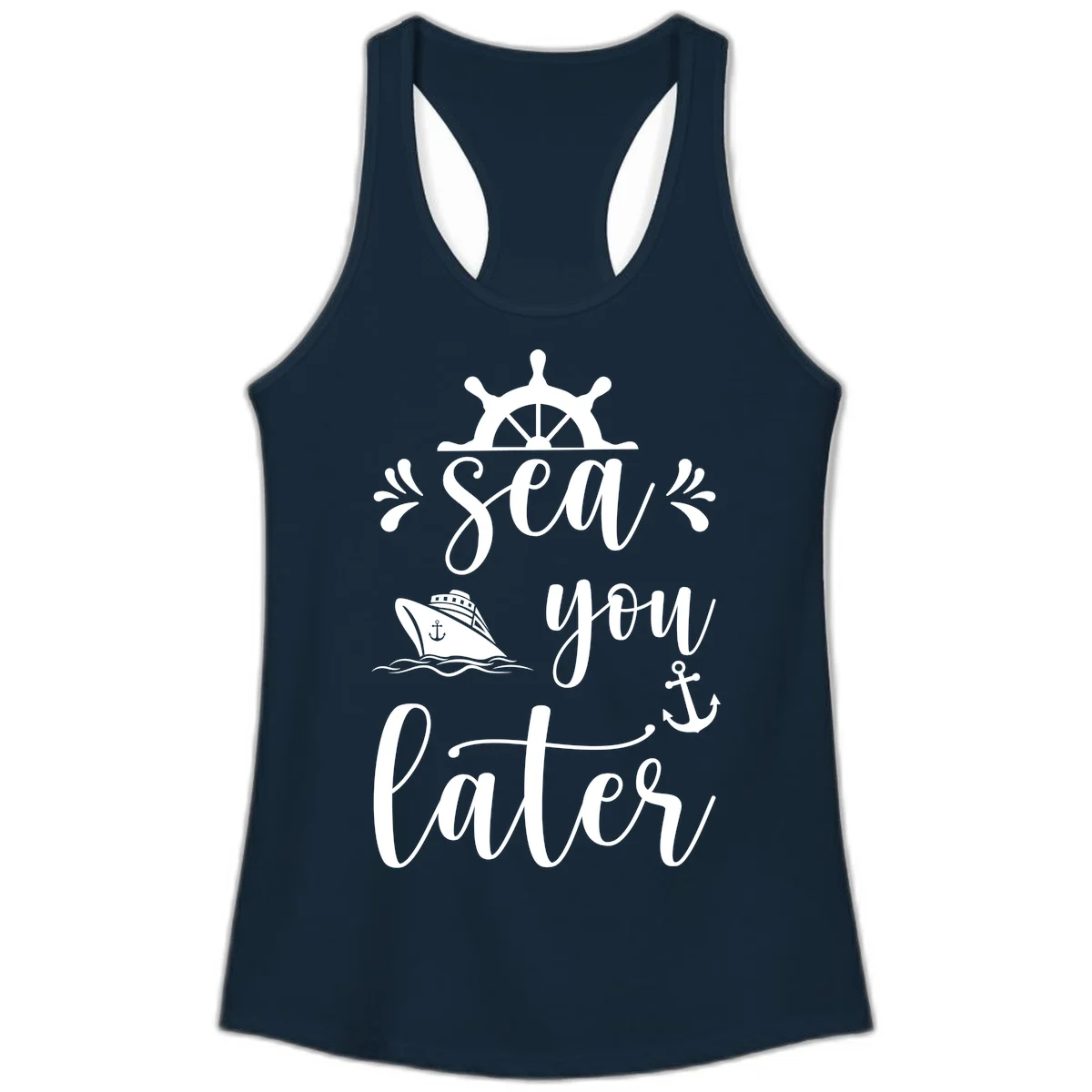 Sea You On The Water Ladies Tank in Solid Midnight Navy