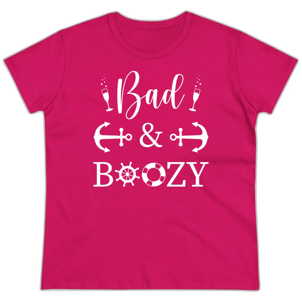Bad & Bozy Nautical Cruise Design Ladies Tee in Heliconia