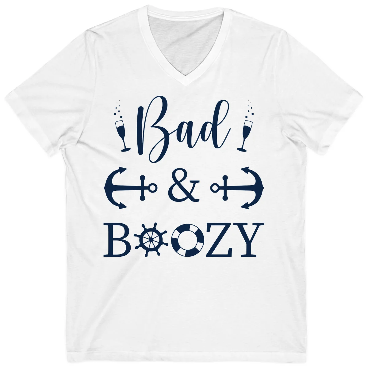 Bad & Bozy Nautical Cruise Design V-Neck in White