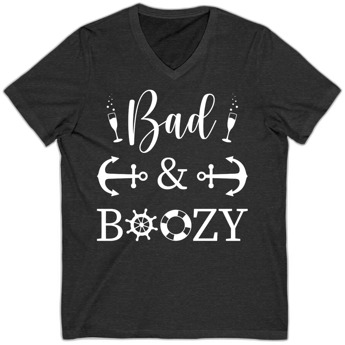 Bad & Bozy Nautical Cruise Design V-Neck in Dark Grey Heather