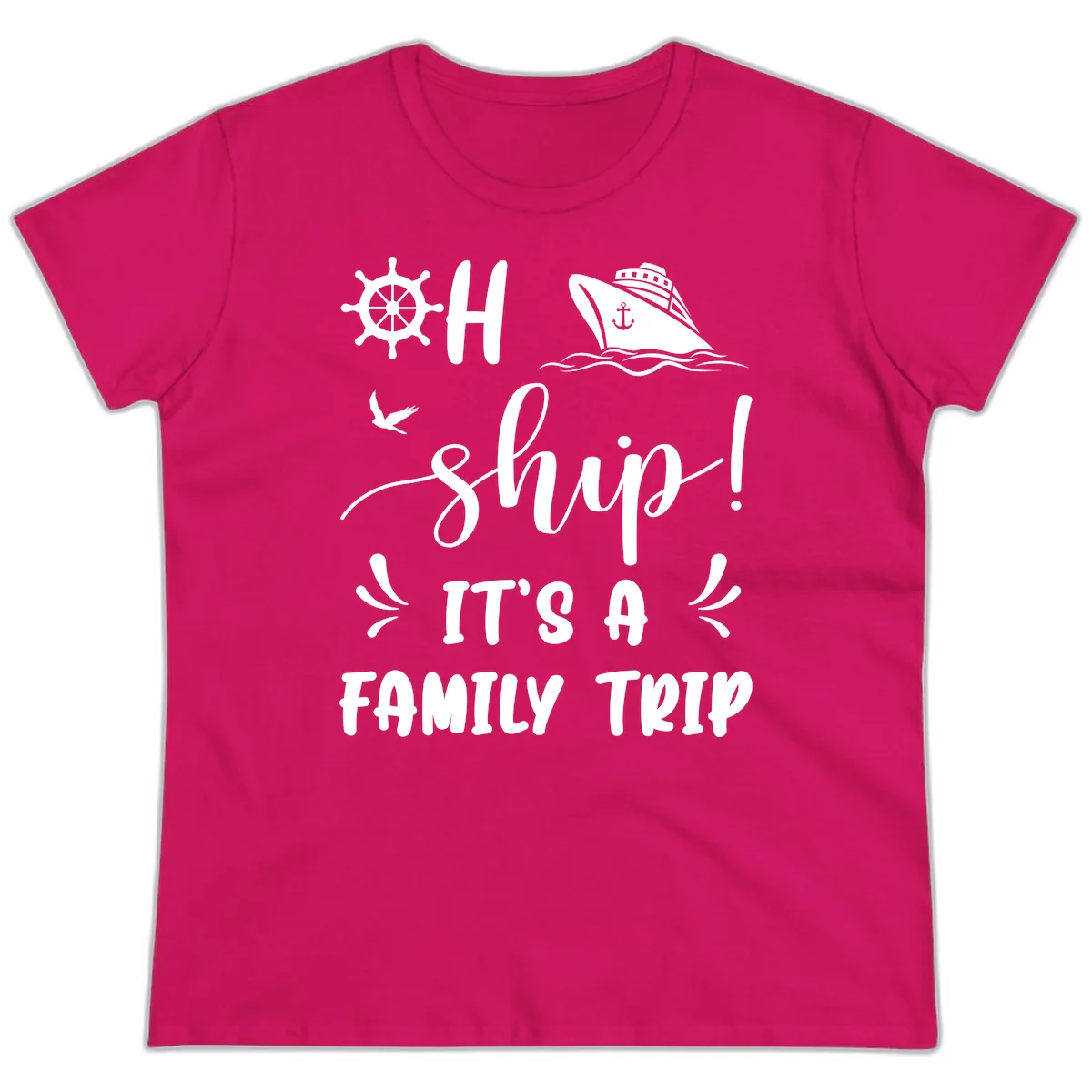 Ahoy Ship It's A Family Trip Ladies Tee in Heliconia