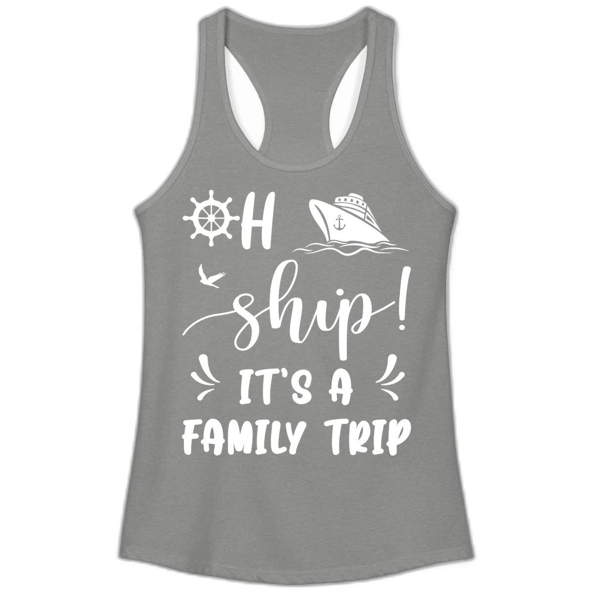 Ahoy Ship It's A Family Trip Ladies Tank in Heather Grey