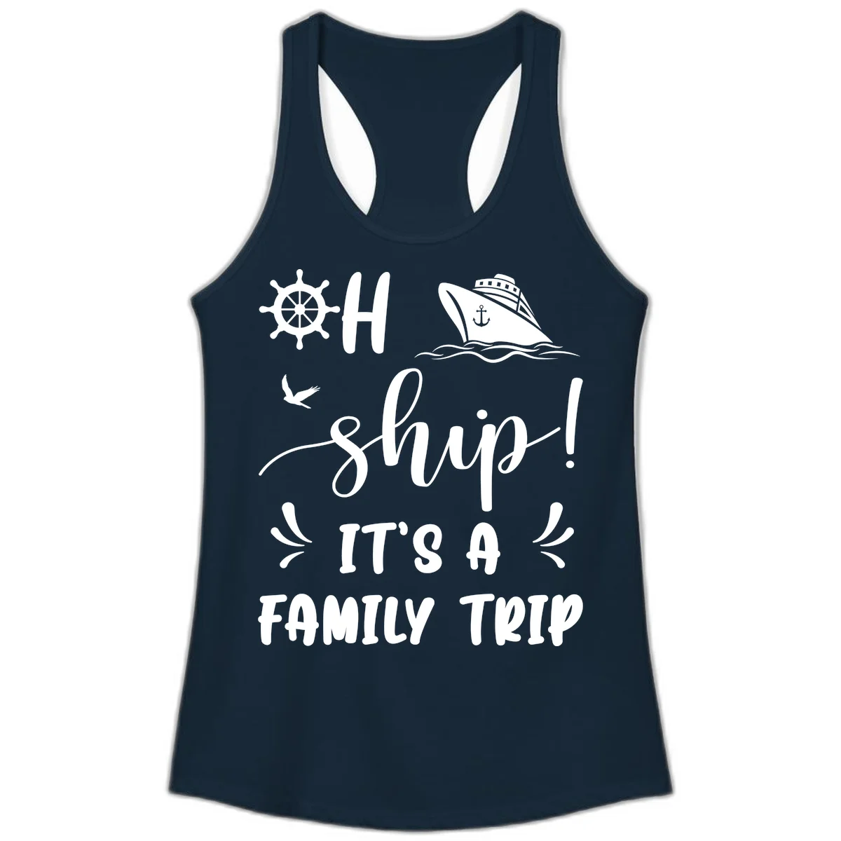 Ahoy Ship It's A Family Trip Ladies Tank in Solid Midnight Navy
