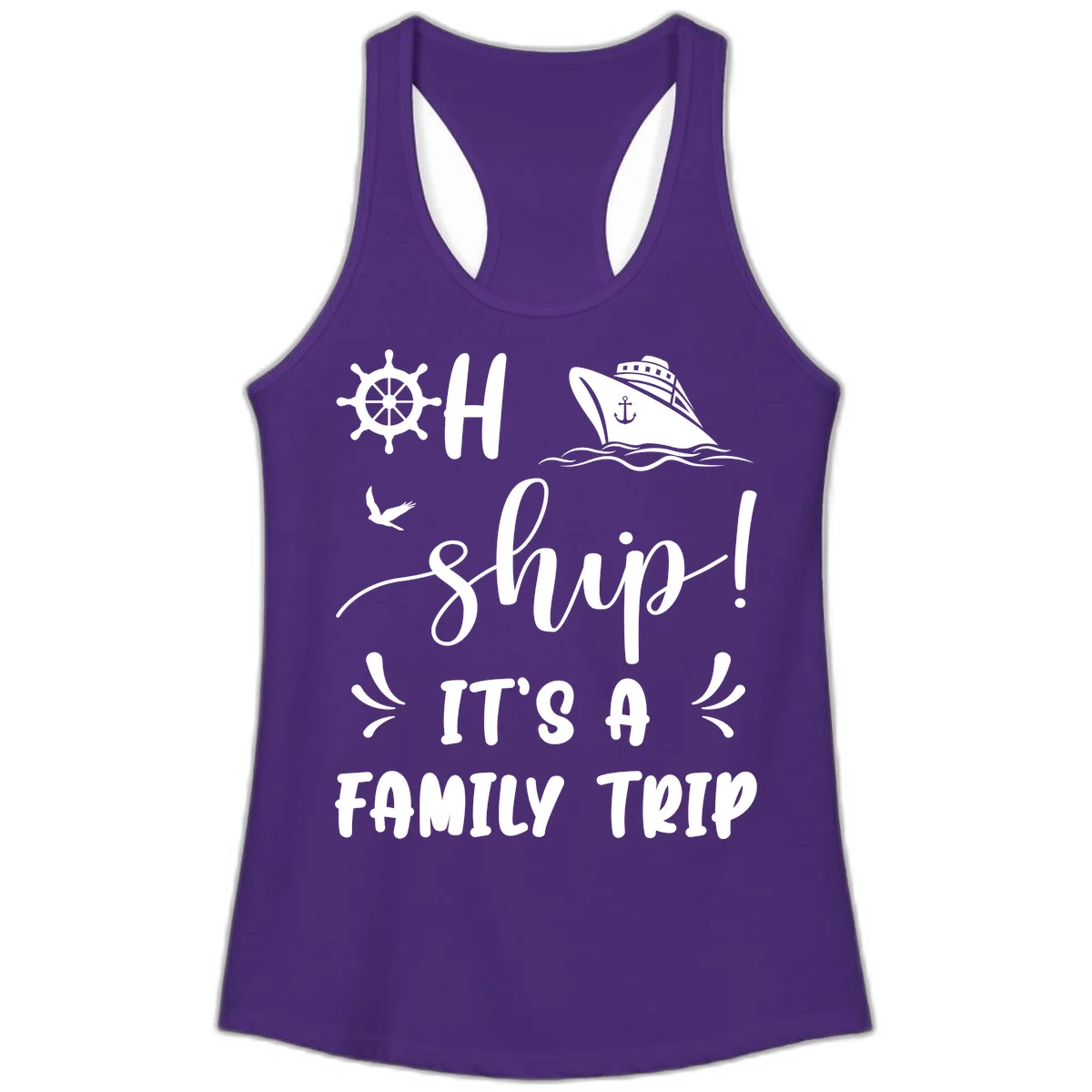 Ahoy Ship It's A Family Trip Ladies Tank in Solid Purple Rush