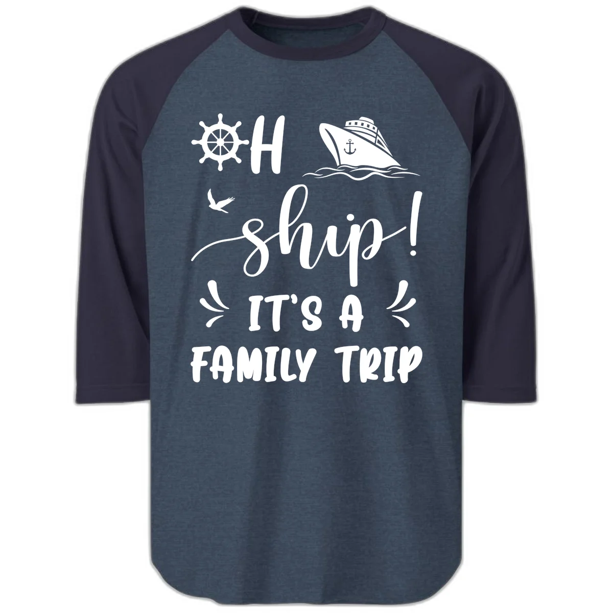 Ahoy Ship It's A Family Trip Raglan 3/4 in Heather Denim Navy