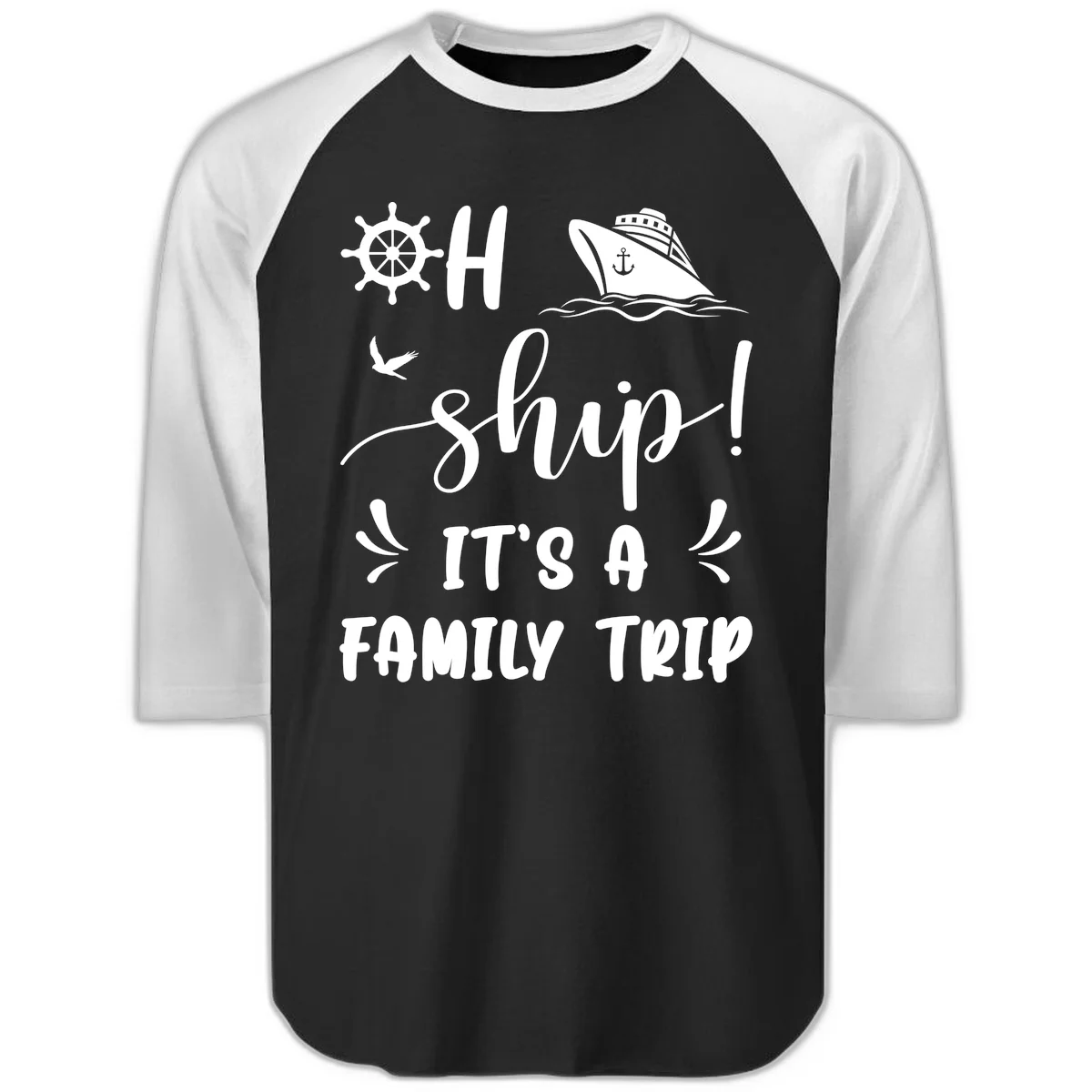 Ahoy Ship It's A Family Trip Raglan 3/4 in Black White