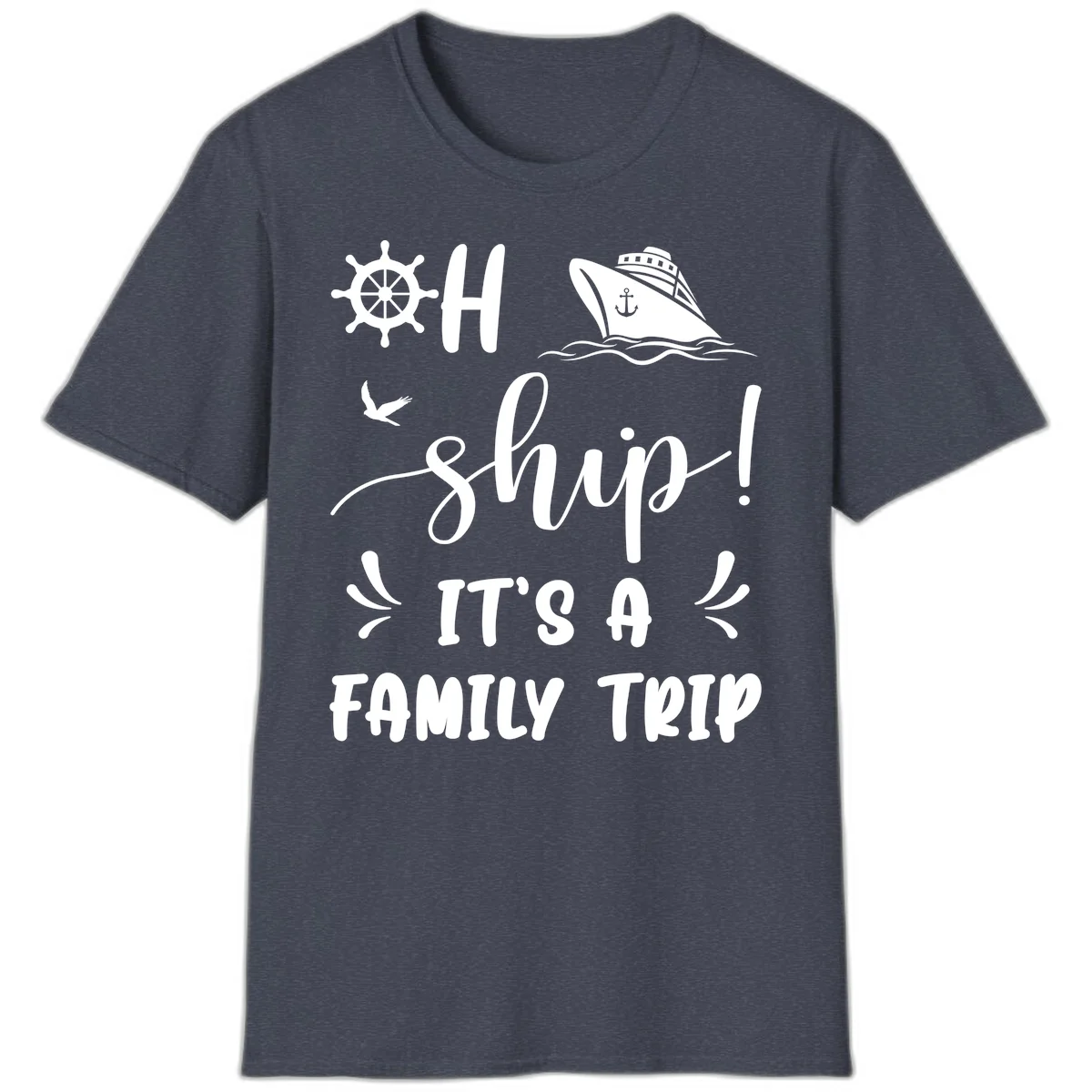 Ahoy Ship It's A Family Trip T-Shirt in Heather Navy