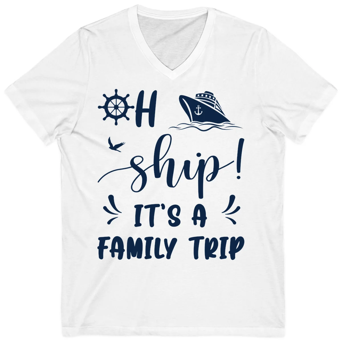 Ahoy Ship It's A Family Trip V-Neck in White