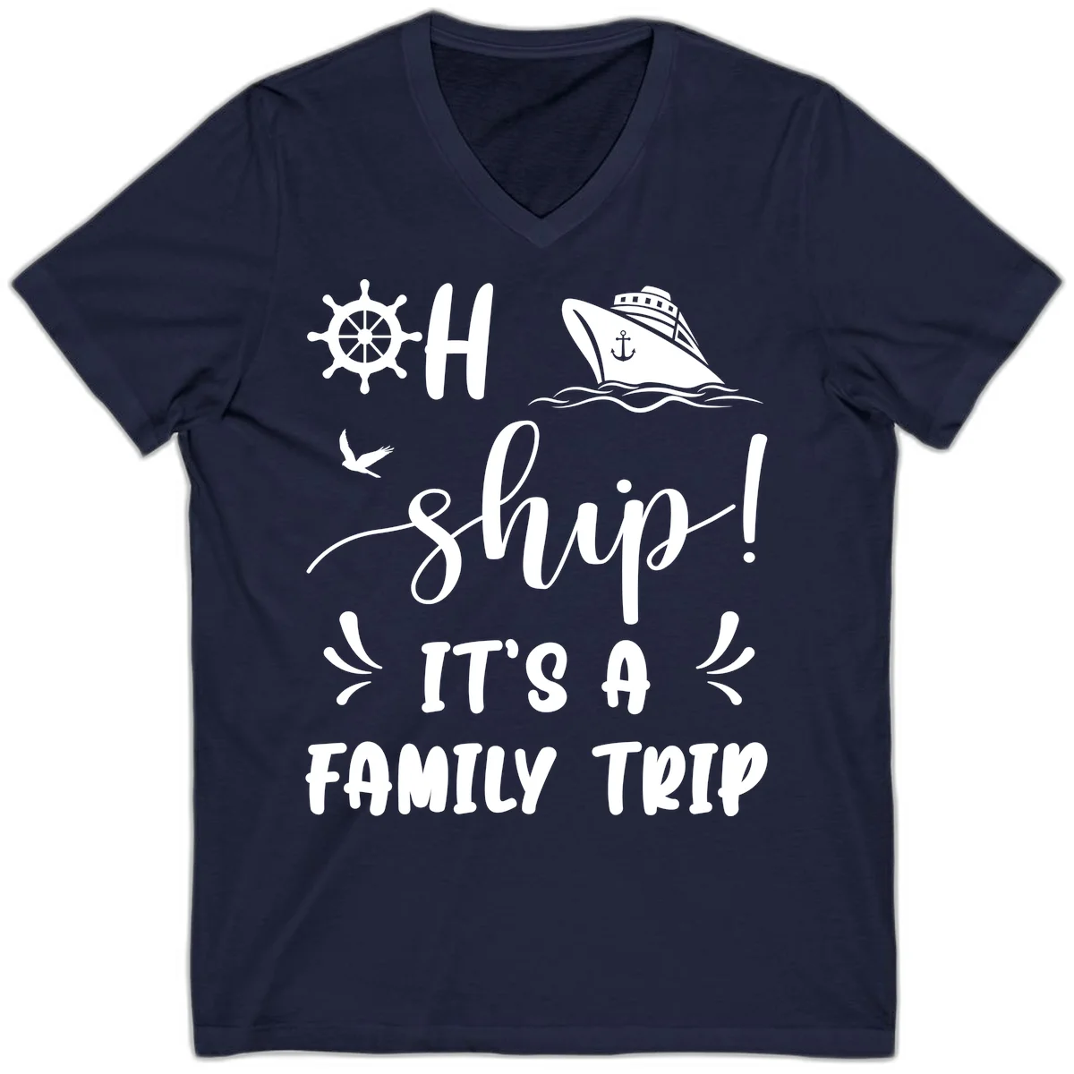 Ahoy Ship It's A Family Trip V-Neck in Navy