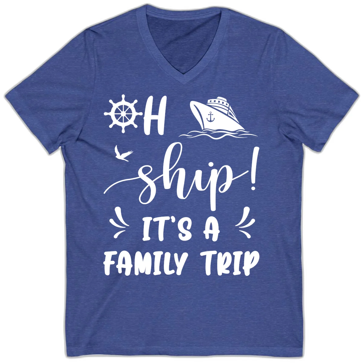 Ahoy Ship It's A Family Trip V-Neck in Heather True Royal