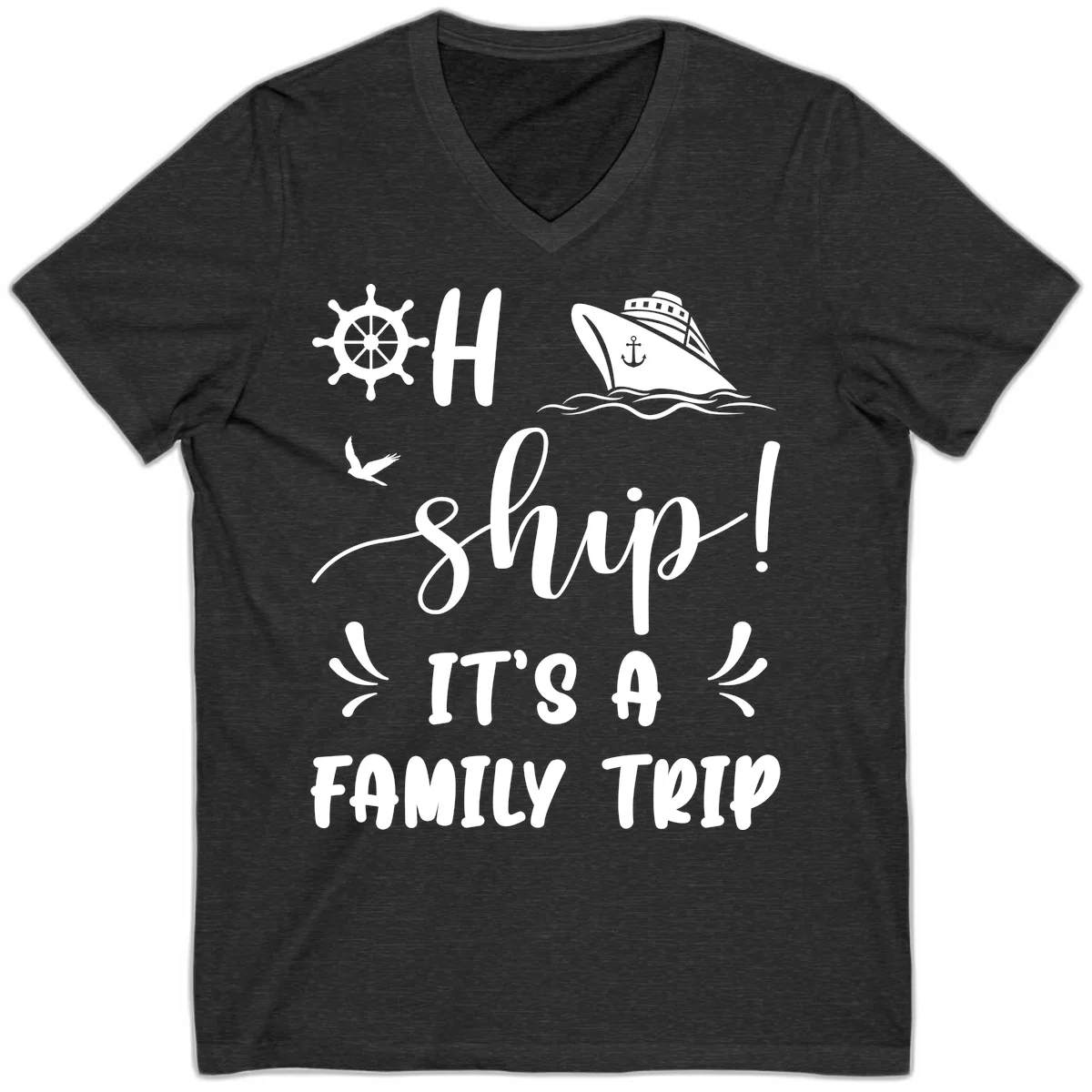 Ahoy Ship It's A Family Trip V-Neck in Dark Grey Heather