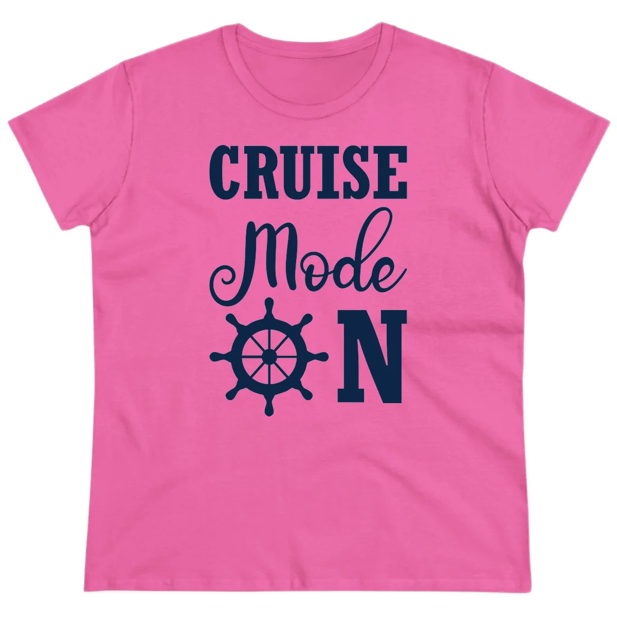 Cruise Mode Ship Wheel Ladies Vacation Tee in Azalea