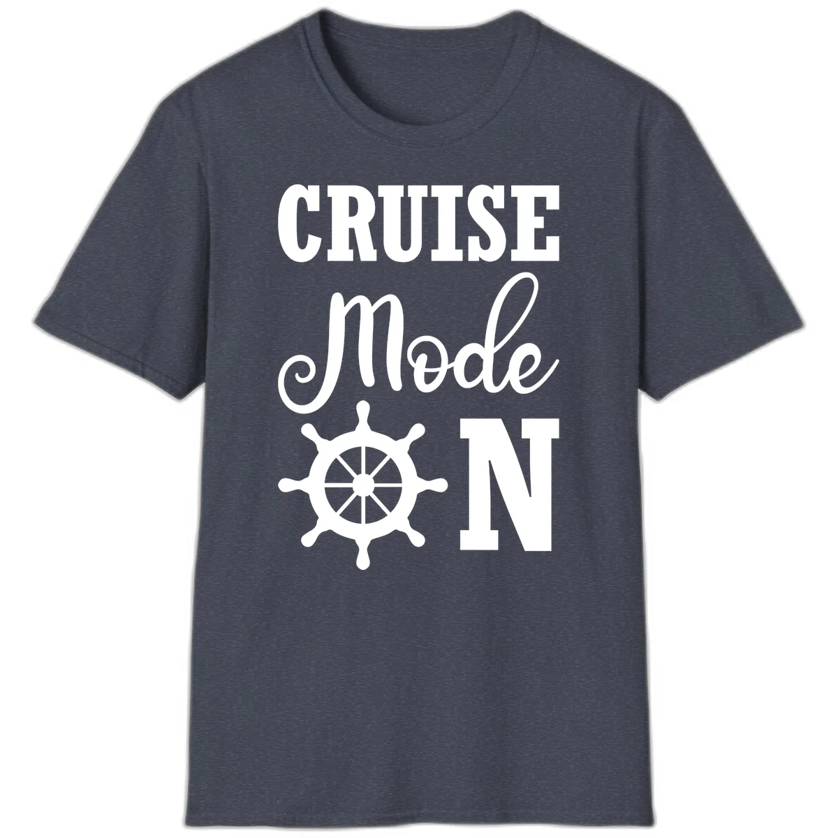 Cruise Mode Ship Wheel Nautical Vacation T-Shirt in Heather Navy