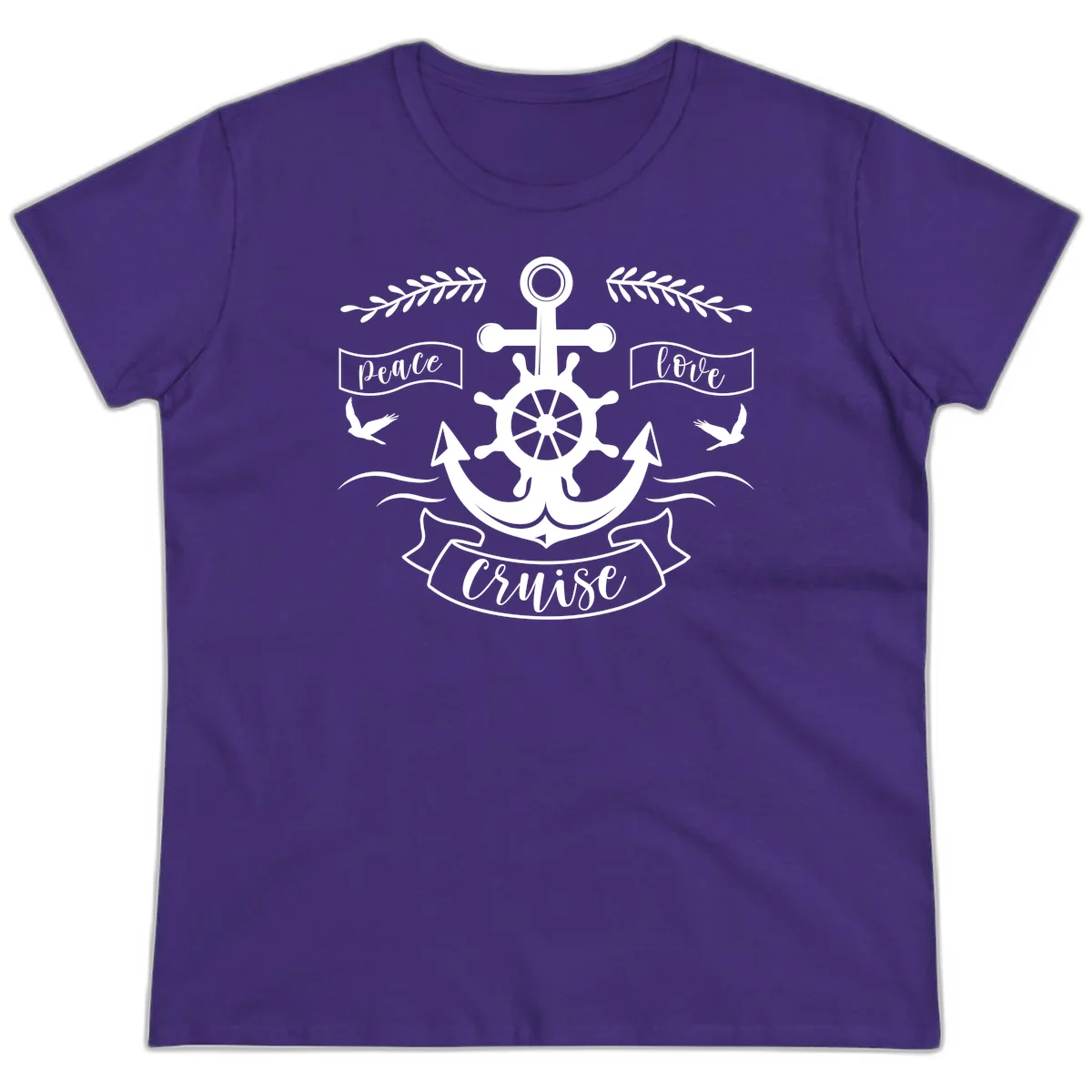 Peace Love Cruise Anchor Ladies Cruise Tee in Purple
